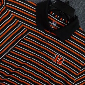 Cincinnati Bengals Polo Shirt Mens Large Black Stripe Majestic Cool Base NFL